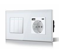BSEED Interruptor de Luz,Marco de Cristal,10A Interruptores Pared con Pilotitos LED,Instalación Horizontal o Vertical,3 Gang 1 Vía Con Enchufe USB/Tipo C,157mm Blanco
