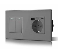 BSEED Interruptor de Luz,Marco de Cristal,10A Interruptores Pared con Pilotitos LED,Instalación Horizontal o Vertical,2 Gang 2 Vía Con Enchufe USB/Tipo C,157mm Gris