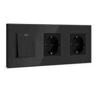 BSEED Interruptor de pared con Enchufe Doble,1 Gang 1 Vía interruptor pared+16A Schuko Enchufe,16A Negro Interruptor de luz de botón pulsador con marco de cristal,Enchufes de pared para Cocina