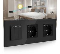 BSEED Interruptor de pared con Enchufe Doble Negro,3 Gang 2 Vías Interruptor conmutador+16A Schuko Enchufe con 1 Puerto Tipo C y 1 Puertos USB,16A Interruptor de luz de botón pulsador
