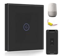 BSEED Interruptor de Pared WiFi,Interruptor inteligente 1 Gang 1 Vía con Pantalla Táctil Negro,Compatible con Alexa y Google Home, Control de APP y Función de Temporizador-No cable neutro