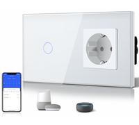 BSEED Interruptor Inteligente WIFI,Interruptores Tactil Con Cristal,Compatible con Alexa,Tuya y Smart Life,Requiere Cable Neutro,1 Gang 1 Vía + 1 Enchufe,157mm Blanco