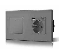 BSEED Interruptor Normal y Enchufe USB C,Basculante Con Luz de Orientación,Marco de Cristal,Fácil Instalación,Fáciles de Limpiar,1 Gang 1 Vía Con Enchufe USB/Tipo C,157mm Gris