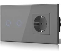 BSEED Interruptor táctil y enchufe pared,Panel de Vidrio con pulsador LED,Conmutador Modernos,Sin Función Wifi,2 Gang 1 V 1 Enchufe,157mm Gris