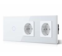 BSEED Interruptor táctil y enchufe pared,Panel de Vidrio con pulsador LED,Conmutador Modernos,Sin Función Wifi,1 Gang 2 V 2 Enchufes,228mm Blanco
