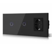 BSEED Interruptor táctil y enchufe pared,Panel de Vidrio con pulsador LED,Conmutador Modernos,Sin Función Wifi,1 Gang 2 V 1 Gang 2 V 1 Enchufe,228mm Negro
