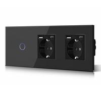 BSEED Interruptor táctil y enchufe pared,Toma de corriente con USB C,Panel de Vidrio con pulsador LED,Sin Función Wifi,1 Gang 1 V 2 Enchufes USB/Tipo C,228mm Negro