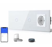 BSEED interruptores de luz Wifi,interruptores tactil empotrado y Enchufe con Tipo C y USB,Panel de Cristal,Control Remoto,Requiere Cable Neutro,2 * 1 Gang + 1 WIFI Enchufe,228mm Blanco