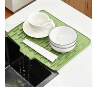BSITSSS Alfombrilla Escurreplatos 32 x 40 cm, Verde Silicona Bandeja Escurreplatos con Salida de Drenaje, Antideslizante Resistente al Calor Escurridor para Cocina Mesa Vajilla Universal