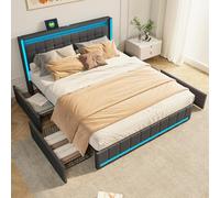 BSMGSGN Cama de matrimonio acolchada de 160 x 200 cm con 4 cajones de almacenamiento, LED, puerto USB, base de láminas, tela de lino gris oscuro (gris-A, 180 x 200 cm)