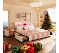 BSMGSGN Cama de matrimonio con almacenamiento, 140 x 190 cm, blanco y rosa a cuadros, cabecero acolchado de terciopelo con luces LED de 7 colores y USB, 4 cajones espaciosos, sin colchón (blanco +
