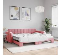 Bucmath Cama de día extensible rosa 90 x 200 cm, funda de terciopelo, sofá cama 2 en 1 con caja de ruedas, estructura de metal resistente y madera, mueble versátil para habitaciones de invitados