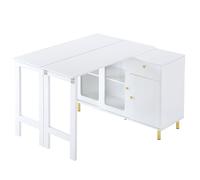 Buffet blanco con mesa extensible plegable, puertas correderas de cristal, estantes interiores ajustables y armario de comedor con diseño de relieves