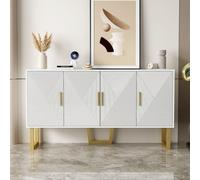Buffet de 150 cm de ancho con puertas de superficie brillante y tiradores dorados, diseño de 4 puertas, color blanco