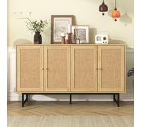 Buffet de ratán natural con 4 puertas, aspecto de madera, patas negras mate y tiradores dorados