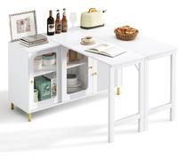Buffet lateral moderno de color blanco de Fortuna Lai, con tablero plegable y extensible, superficie giratoria, patas de metal dorado, puertas correderas de vidrio y diseño con motivos ondulados. Perf
