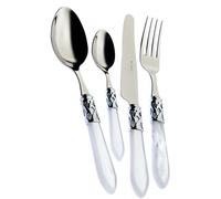 BUGATTI, Aladdin, Cubertería de 24 piezas en acero inoxidable 18/10, aro cromado y mango blanco con efecto nácar. Cubertería para 6 personas: 6 cucharas, 6 tenedores, 6 cuchillos y 6 cucharas de café