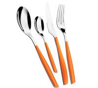 BUGATTI, Glamour, Juego de cubiertos de 24 piezas en acero inoxidable 18/10 y mango NARANJA. Juego de cubiertos para 6 personas compuesto por 6 cucharas, 6 tenedores, 6 cuchillos y 6 cucharas de café