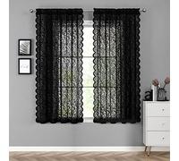 Bujasso Cortinas de encaje transparente negro de 54 pulgadas, elegantes paneles de cortina corta con diseño floral vintage para cocina, sala de estar, dormitorio, cortinas negras que filtran la luz