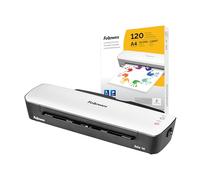 Bundle of Fellowes Sola A4 - Plastificadora de documentos, para uso ocasional, plastificadora A4 con apagado automático, 80-125 micras + Fellowes Pack de 120 fundas de plastificar A4, Acabado brillo