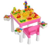 burgkidz Juego de Mesa y Silla Infantil, Mesa de Actividades Construccion y Silla con 128 Piezas Juguetes de Creativos Grandes Clásicos para Niñas, Rosa
