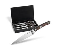 BURNHARD Juego de 4 cuchillos para carne, acero alemán, mango ergonómico de madera de pakka, caja de madera de acacia, corte fácil de carne, almacenamiento seguro - Set de cuchillos para carne