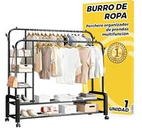 Burro de Ropa Resistente 150 cm con Doble Barra y Zapatero - Perchero de Pie con Ruedas 360 Armario Abierto Multifunción para Vestidor y Dormitorio Antideformación - Acero Negro