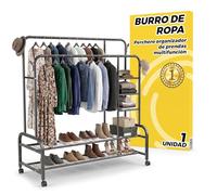 Burro de Ropa Resistente 150 cm con Doble Barra y Zapatero - Perchero de Pie con Ruedas 360 Armario Abierto Multifunción para Vestidor y Dormitorio Antideformación - Acero Negro