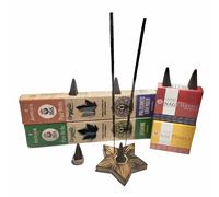 Buscodecor - Incienso Natural y Orgánico, 2 Cajas de Conos (Nag Champa y Temple) + 2 Cajas de stickers (Palo Santo y Jazmín) + Quemador de Madera con Forma de Estrella Para Conos y Varillas