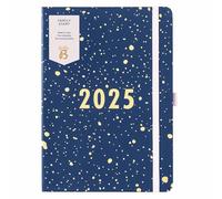 Busy B - Diario Familiar - Enero a diciembre de 2025 - Spray Azul Marino - Planificador semanal A5 con espacio para 5 horarios y notas arrancables