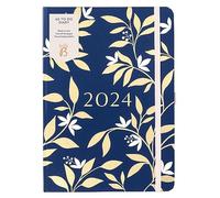 Busy B - Diario To Do - Enero a diciembre 2024 - Diseño floral Azul Marino y Oro - Agenda semanal A5 con notas, listas arrancables y bolsillos