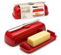 Butter Hub Mantequera con tapa y cuchillo, recipiente magnético para mantequilla, cuchara fácil, tapa sin ensuciar, plástico, apto para lavavajillas (rojo)