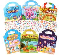 BuyCard 6 Libro Pegatinas Reutilizables 2 3 4 Años, Sticker Book Infantil con 6 Motivos, Pegatinas 3D Reutilizables, Libro de Pegatinas Infantiles para Viajes en Avión o Coche.