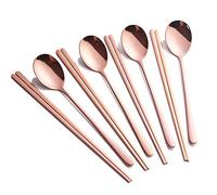 Buyer Star 8 piezas Cucharas de palillos coreanos 4 juegos Oro rosa Acero inoxidable Juego de Cucharas Palillos planos