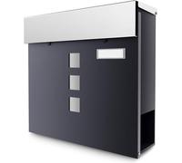 Buzón de pared Unyqoos® en color antracita, de acero inoxidable, impermeable, con compartimento para periódicos, ventanilla, placa para el nombre, sistema de cierre suave, protección antirrobo (2 llav