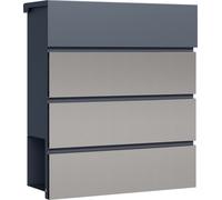 Buzón Toboli V64, color antracita y acero inoxidable, dimensiones 410 x 130 x 370 mm. Buzón de pared con cerradura, tapa con sistema de cierre suave y compartimento para periódicos. Buzón de acero con