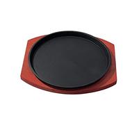 Bvdfgk Bandeja de Horno Hierro Fundido para Barbacoa Redonda, Plato Cocinar a la Parrilla en Casa, Incluye Base Madera Filetes Madera Sartén Redonda Individual Asar para Uso Doméstico La Cocina 21CM