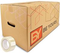 BY BE YOURS Pack 10 Cajas de Cartón Pequeñas 43x30x25 cm con Asas | Para Embalaje, Envíos, Libros y Almacenaje, Cinta Adhesiva Incluida, Fabricadas en España