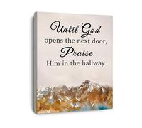 BYCIFRLG Bible Verse Wall Decor Canvas Print Until God Opens the Next Door Praise Him Hallway for Christian Living Room(Framed,08x12inch(20x30cm))