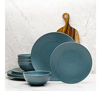 Bzyoo Juego de vajilla de melamina de 12 piezas, duradero, apto para lavavajillas, platos y cuencos - Comedor casual, fiestas, juego de platos azules Organica Blue Collection