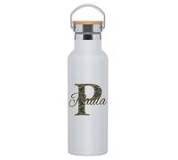 C&P Botella personalizada con nombre + inicial, Botella original tapón a rosca en acero inox, con detalle de bambú y asa integrada térmica de doble Capa bebidas frías 24h y Calientes 12h, 500 ml (3)