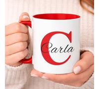 C&P Taza Personalizada en color blanco brillo con asa e interior color, con Inicial y Nombre de cerámica 350 ML (ROJO)