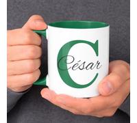 C&P Taza Personalizada en color blanco brillo con asa e interior color, con Inicial y Nombre de cerámica 350 ML (VERDE)
