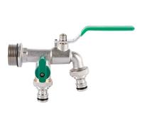 CA Grifo de jardín de latón de 1 pulgada con doble salida, adaptador de 3/4 de pulgada, grifo exterior resistente a las heladas con 2 conectores de manguera, grifo universal de doble salida para tanqu