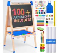 Caballete de arte de calamar azul para niños, incluye accesorios Caballete de pintura de madera ajustable de doble cara con pizarra magnética, pizarra blanca y rollo de papel para niños de 3,4,5,6,7,