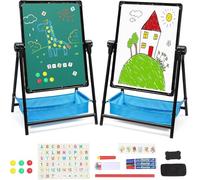 Caballete de arte para niños, pizarra blanca de doble cara, caballete de hierro, altura ajustable, plegable, caballete de pie giratorio de 360° con accesorios de letras y números adicionales (negro)