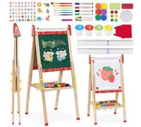 Caballete de madera para niños, doble cara, pizarra blanca, altura ajustable, 95-125 cm, tablero de dibujo plegable de pie con más de 100 piezas, accesorios, letras y números para 3, 4, 5, 6, 7, 8+
