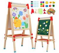Caballete Infantil con Rollo de Papel,Caballete de Madera de Doble Cara para Niños,Pizarra Blanca y Pizarra Ajustable con Accesorios, Regalo de Cumpleaños para Niños y Niñas
