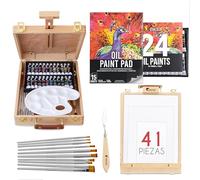 Caballete Pintura al óleo 41 Piezas - 24 Tubos de Pintura al Oleo, 3 lienzos para pintar, 1 Bloc, 10 Pinceles, Espatula, 1 Paleta, 1 Caballete