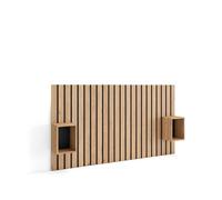 Cabecero con mesitas, listones decorativos, 196x107x3cm, cama de 120,135,140cm, con almacenamiento, estilo moderno, roble